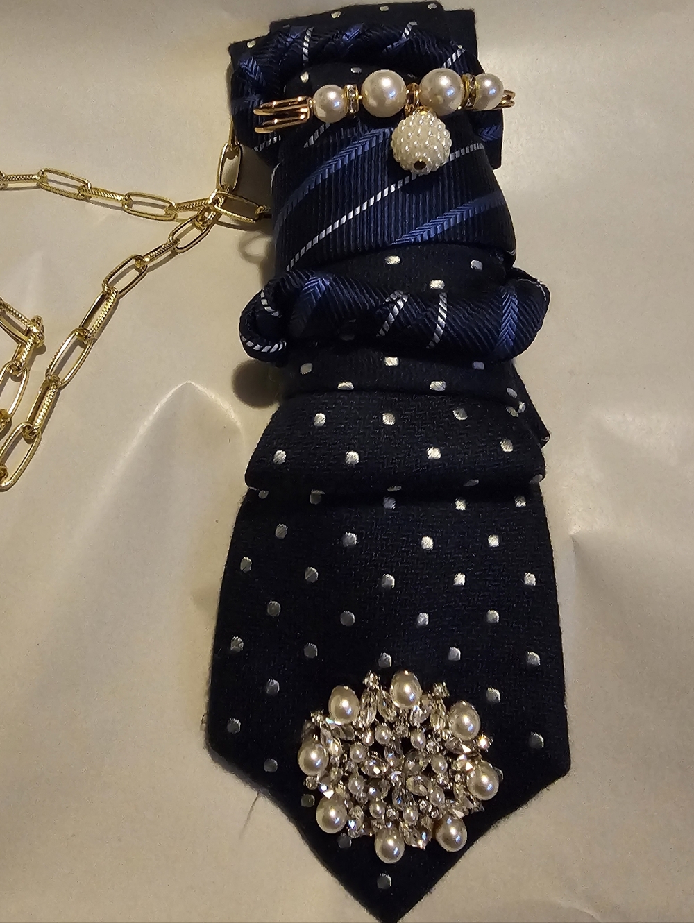 Navy Tie with Pearl & Rhinestone Brooch